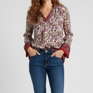 California Dreams Retro Floral Linen Long Sleeve Blouse Medium